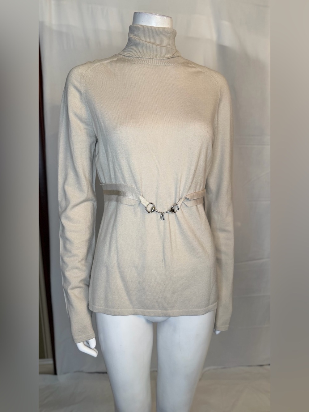 Gucci Cream Turtleneck Long-Sleeve Top with Waist Ring Detail